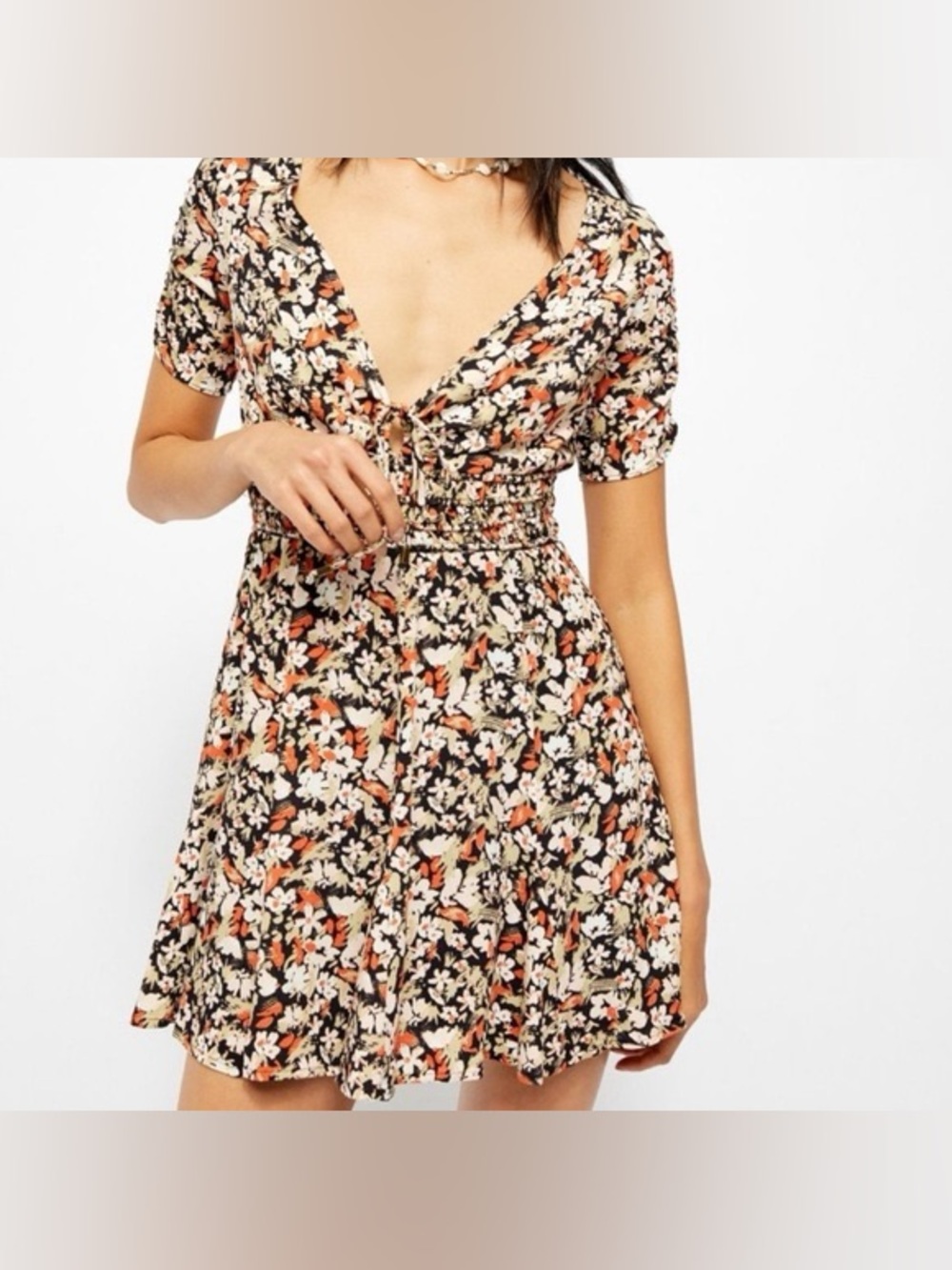 Free People Black Floral Tie-Front Mini Dress with Cream and Orange Accents